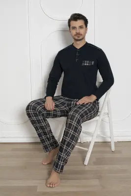 Ekoseli Erkek Pijama Takımı - Lacivert Kışlık Jakarlı İnterlok 1211UK - 2