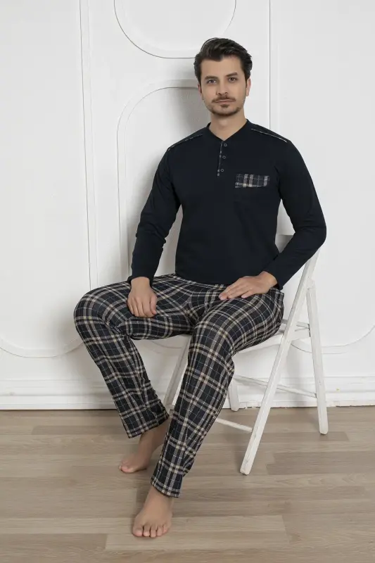 Ekoseli Erkek Pijama Takımı - Lacivert Kışlık Jakarlı İnterlok 1211UK - 2