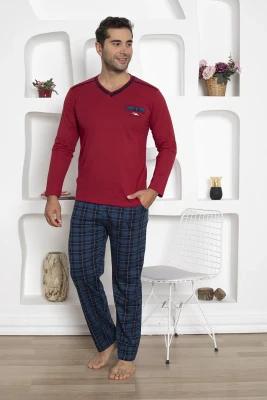 Ekoseli Erkek Pijama Takımı - Uzun Kollu Bordo Penye 1210UK - 2