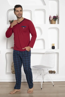 Ekoseli Erkek Pijama Takımı - Uzun Kollu Bordo Penye 1210UK - 3