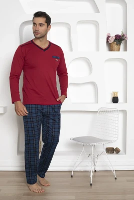 Ekoseli Erkek Pijama Takımı - Uzun Kollu Bordo Penye 1210UK - 4