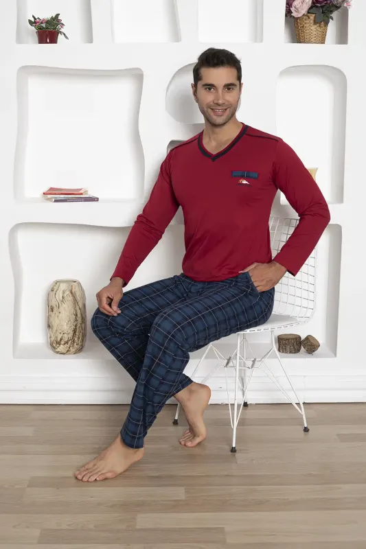 Ekoseli Erkek Pijama Takımı - Uzun Kollu Bordo Penye 1210UK - 1