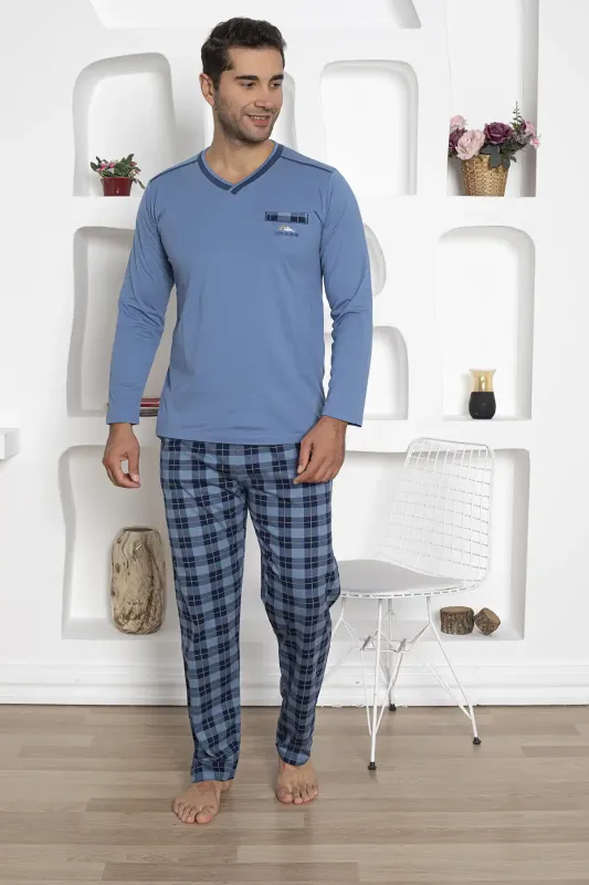 Ekoseli Erkek Pijama Takımı - Uzun Kollu İndigo Penye 1210UK - 2