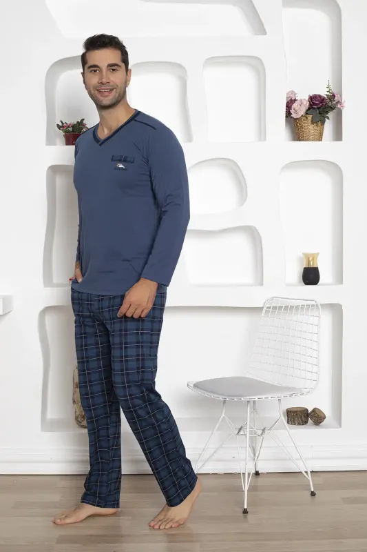 Ekoseli Erkek Pijama Takımı - Uzun Kollu Lacivert Penye 1210UK - 1