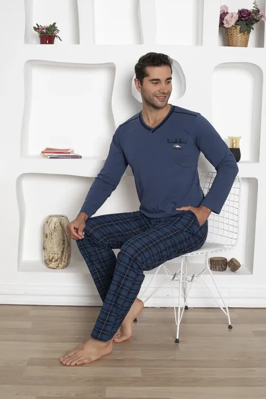 Ekoseli Erkek Pijama Takımı - Uzun Kollu Lacivert Penye 1210UK - 2