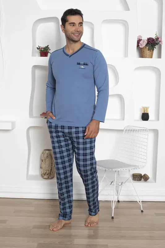 Ekoseli Erkek Pijama Takımı - Uzun Kollu İndigo Penye 1210UY - 2