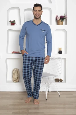 Ekoseli Erkek Pijama Takımı - Uzun Kollu İndigo Penye 1210UY - 1