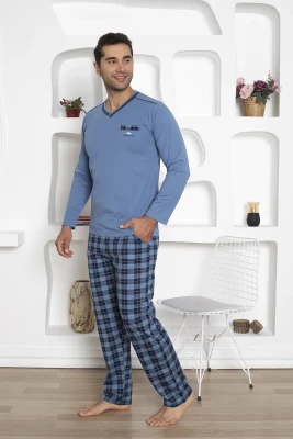 Ekoseli Erkek Pijama Takımı - Uzun Kollu İndigo Penye 1210UY - 4