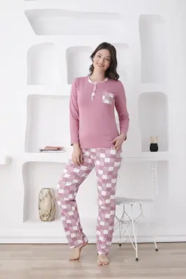 Ekoseli Kadın Pijama Takımı - Gülkurusu Likralı Penye 2813UKL - Alimer (1)