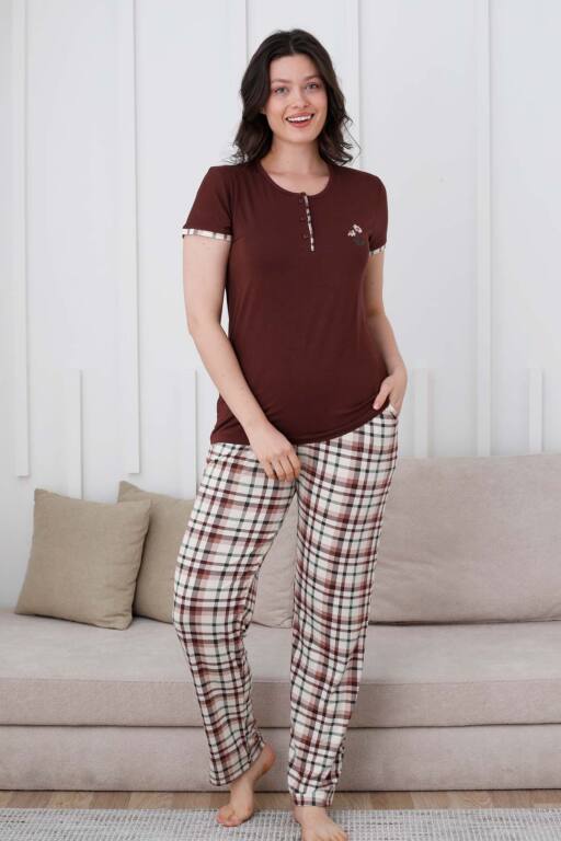 Ekoseli Kadın Pijama Takımı - Kahverengi Nakışlı Likralı Kısa Kollu 2834KY - Alimer