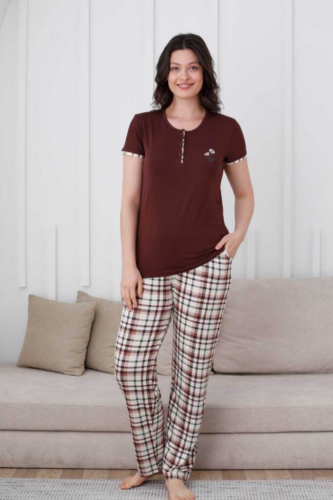 Ekoseli Kadın Pijama Takımı - Kahverengi Nakışlı Likralı Kısa Kollu 2834KY - 4