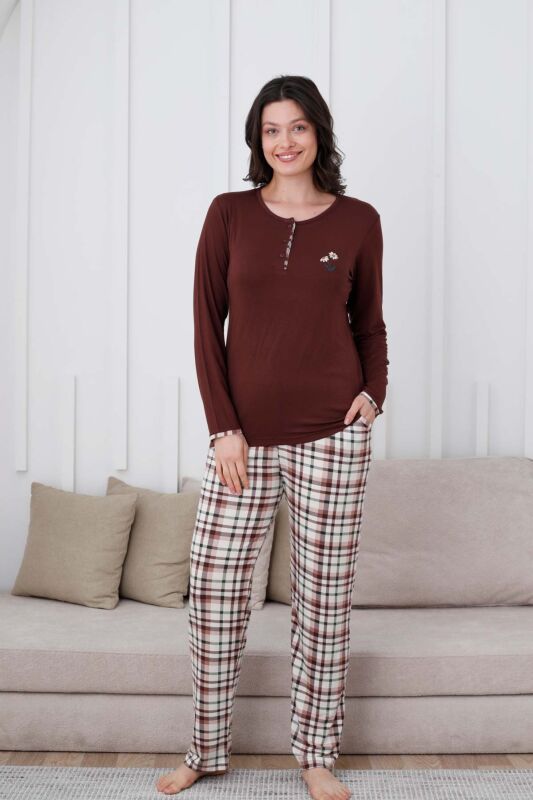 Ekoseli Kadın Pijama Takımı - Kahverengi Nakışlı Likralı Uzun Kollu 2834UY - 1