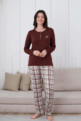 Ekoseli Kadın Pijama Takımı - Kahverengi Nakışlı Likralı Uzun Kollu 2834UY - 3