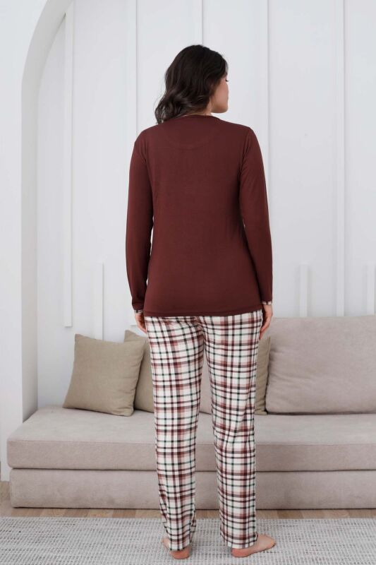 Ekoseli Kadın Pijama Takımı - Kahverengi Nakışlı Likralı Uzun Kollu 2834UY - 5