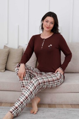 Ekoseli Kadın Pijama Takımı - Kahverengi Nakışlı Likralı Uzun Kollu 2834UY - 4