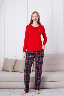 Ekoseli Kadın Pijama Takımı - Kırmızı Kareli Nakışlı Likralı Viskon Uzun Kol 2835UY - 1