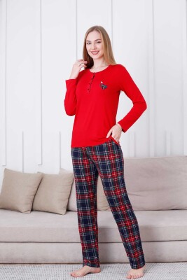 Ekoseli Kadın Pijama Takımı - Kırmızı Kareli Nakışlı Likralı Viskon Uzun Kol 2835UY - 3