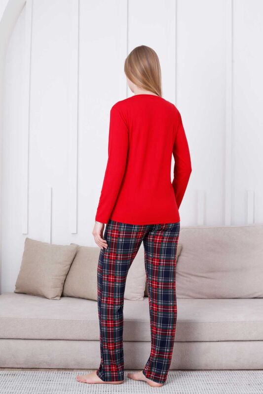 Ekoseli Kadın Pijama Takımı - Kırmızı Kareli Nakışlı Likralı Viskon Uzun Kol 2835UY - 4