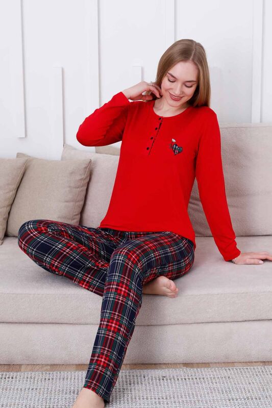 Ekoseli Kadın Pijama Takımı - Kırmızı Kareli Nakışlı Likralı Viskon Uzun Kol 2835UY - 2