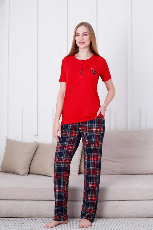 Ekoseli Kadın Pijama Takımı - Kırmızı Kareli Nakışlı Likralı Viskon Kısa Kol 2835KY - 1