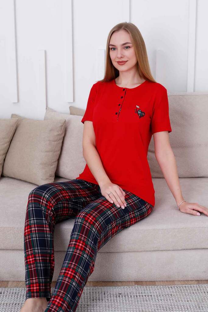 Ekoseli Kadın Pijama Takımı - Kırmızı Kareli Nakışlı Likralı Viskon Kısa Kol 2835KY - 2