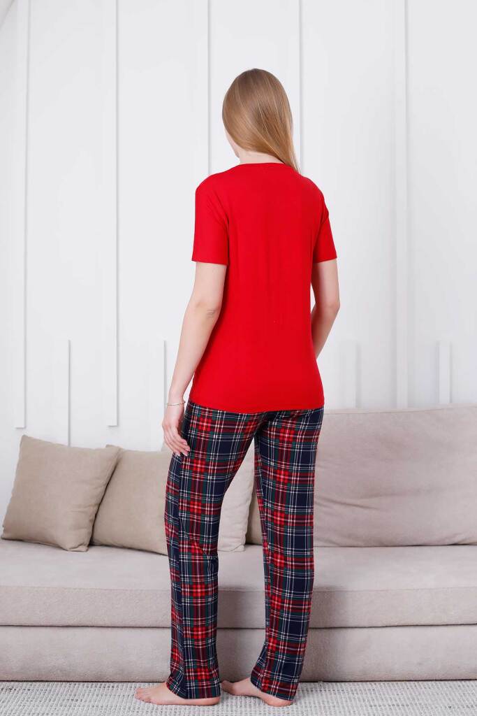 Ekoseli Kadın Pijama Takımı - Kırmızı Kareli Nakışlı Likralı Viskon Kısa Kol 2835KY - 4