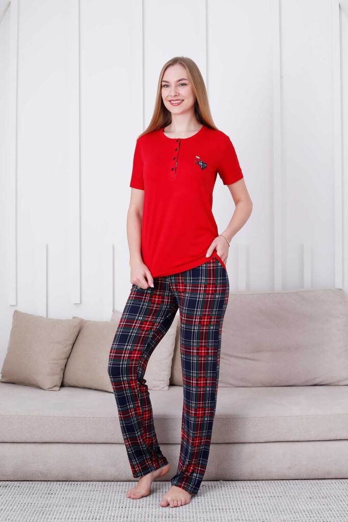 Ekoseli Kadın Pijama Takımı - Kırmızı Kareli Nakışlı Likralı Viskon Kısa Kol 2835KY - 1