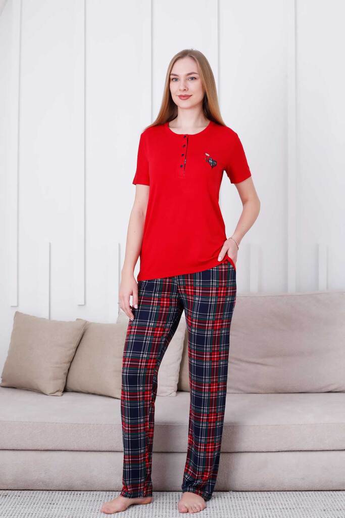 Ekoseli Kadın Pijama Takımı - Kırmızı Kareli Nakışlı Likralı Viskon Kısa Kol 2835KY - 3