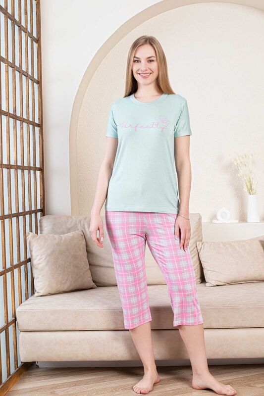 Ekoseli Kadın Pijama Takımı - Perfectly Yeşil Kapri Likralı Bambu 2856B - 2