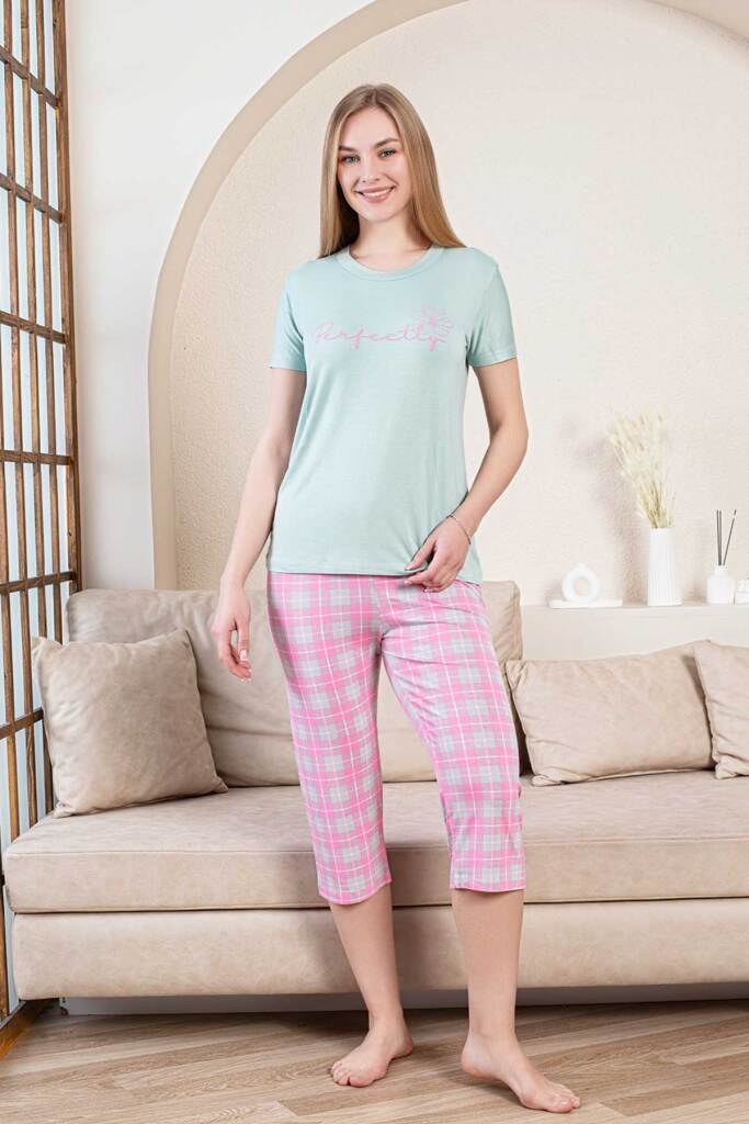 Ekoseli Kadın Pijama Takımı - Perfectly Yeşil Kapri Likralı Bambu 2856B - 1