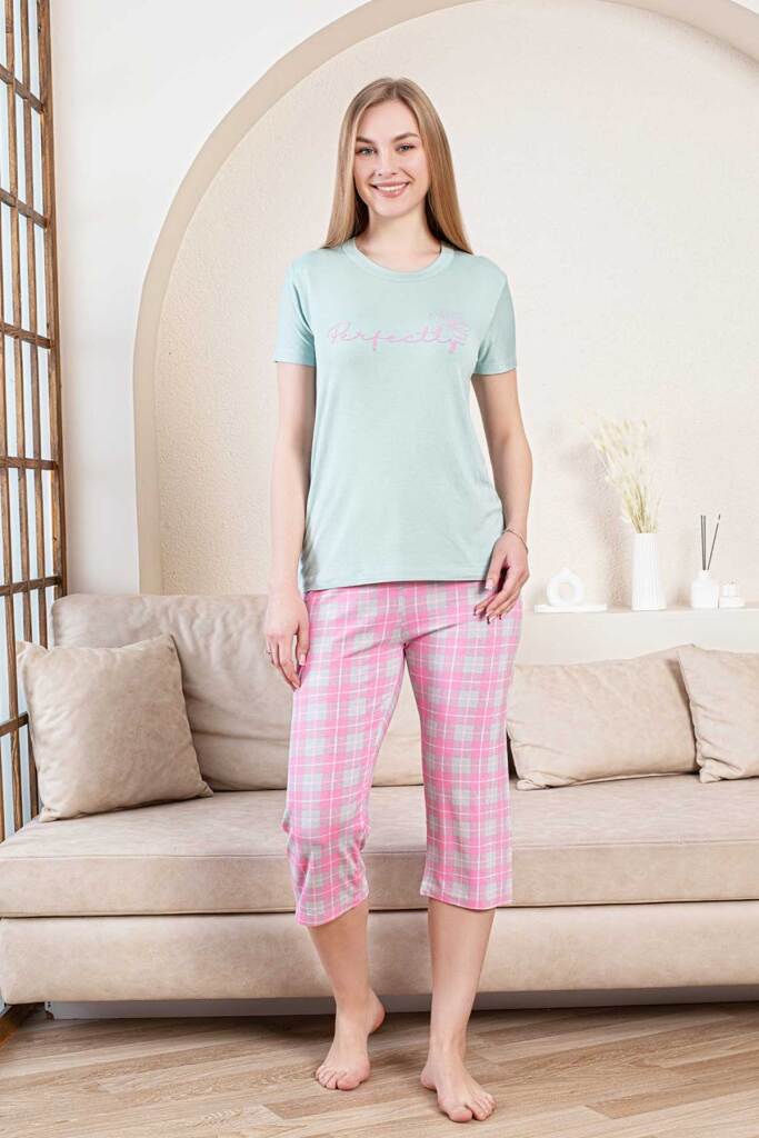 Ekoseli Kadın Pijama Takımı - Perfectly Yeşil Kapri Likralı Bambu 2856B - 3