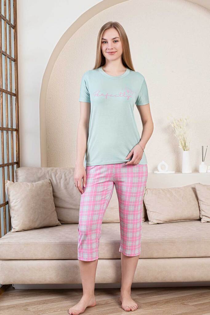 Ekoseli Kadın Pijama Takımı - Perfectly Yeşil Kapri Likralı Bambu 2856B - 4