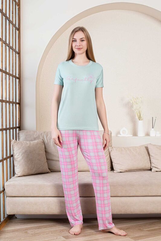 Ekoseli Kadın Pijama Takımı - Perfectly Yeşil Kısa Kollu Likralı Bambu 2856KY - 1