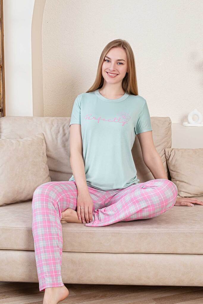 Ekoseli Kadın Pijama Takımı - Perfectly Yeşil Kısa Kollu Likralı Bambu 2856KY - 2
