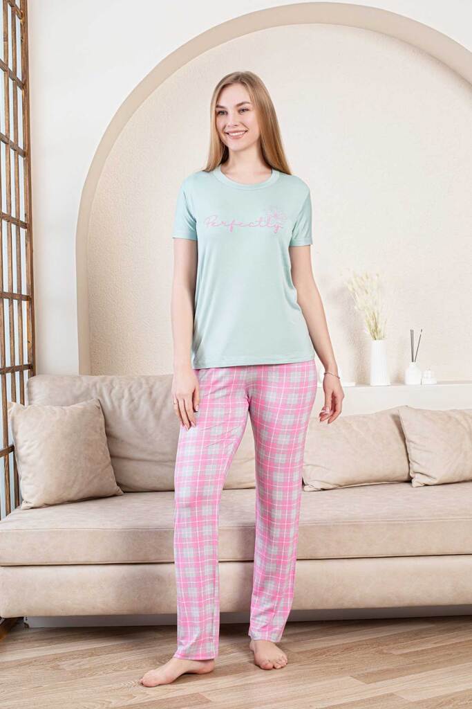 Ekoseli Kadın Pijama Takımı - Perfectly Yeşil Kısa Kollu Likralı Bambu 2856KY - 3