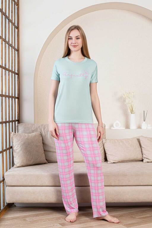 Ekoseli Kadın Pijama Takımı - Perfectly Yeşil Kısa Kollu Likralı Bambu 2856KY - 4