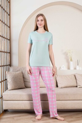 Ekoseli Kadın Pijama Takımı - Perfectly Yeşil Kısa Kollu Likralı Bambu 2856KY - Alimer