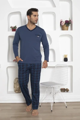 Ekoseli Erkek Pijama Takımı - Uzun Kollu Lacivert Penye 1210UY - 1