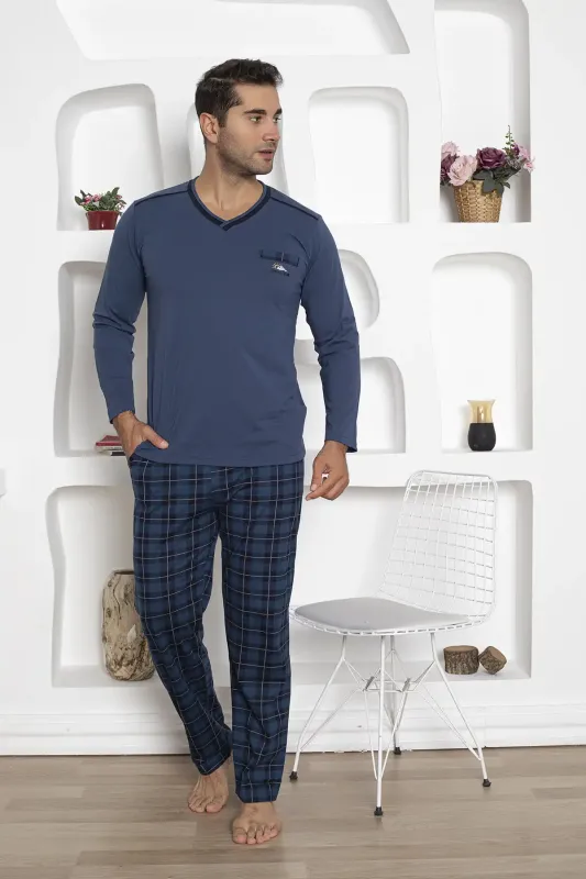 Ekoseli Erkek Pijama Takımı - Uzun Kollu Lacivert Penye 1210UY - 1