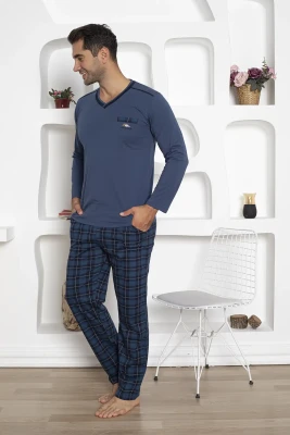 Ekoseli Erkek Pijama Takımı - Uzun Kollu Lacivert Penye 1210UY - 4