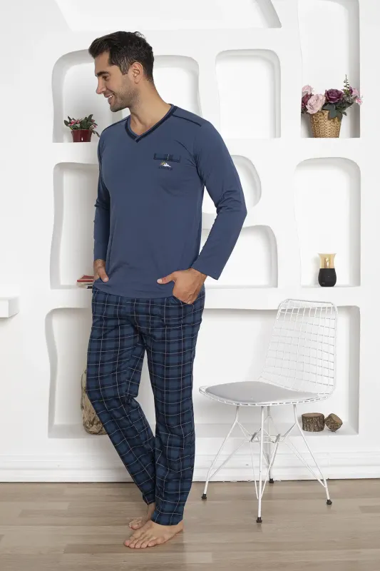 Ekoseli Erkek Pijama Takımı - Uzun Kollu Lacivert Penye 1210UY - 4