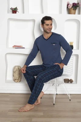 Ekoseli Erkek Pijama Takımı - Uzun Kollu Lacivert Penye 1210UY - 3