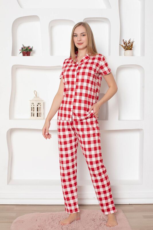  Ekoseli Önden Düğmeli Kadın Pijama Takımı - Kırmızı Kısa Kollu Penye 2793KY - 5