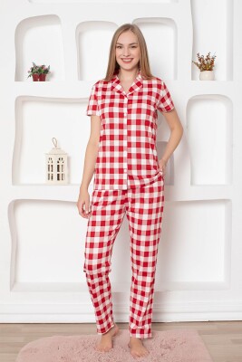  Ekoseli Önden Düğmeli Kadın Pijama Takımı - Kırmızı Kısa Kollu Penye 2793KY - Miss Merveille (1)