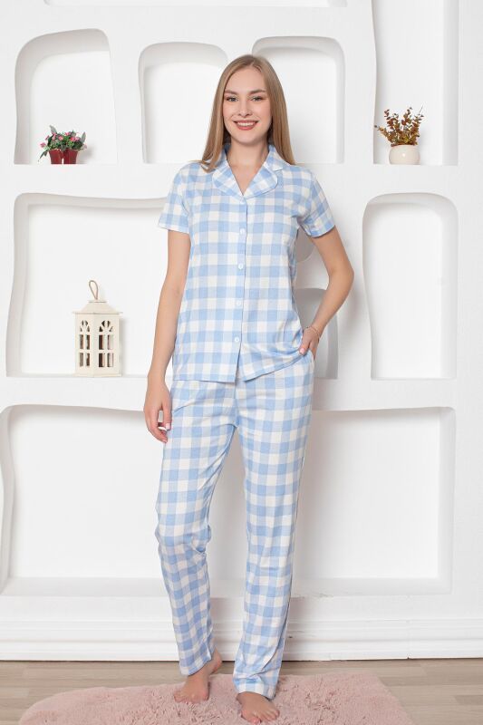  Ekoseli Önden Düğmeli Kadın Pijama Takımı - Mavi Kısa Kollu Penye 2793KY - 2