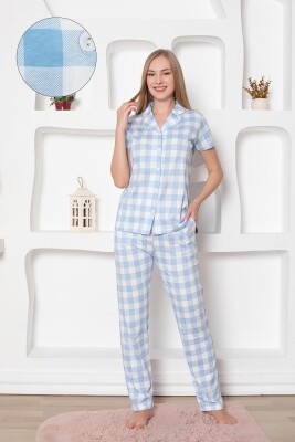  Ekoseli Önden Düğmeli Kadın Pijama Takımı - Mavi Kısa Kollu Penye 2793KY - Miss Merveille