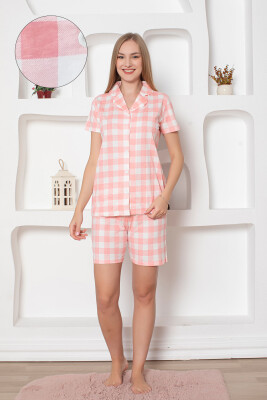  Ekoseli Önden Düğmeli Kadın Şort Takımı - Pembe Uzun Kollu Penye 2793ŞT - Miss Merveille