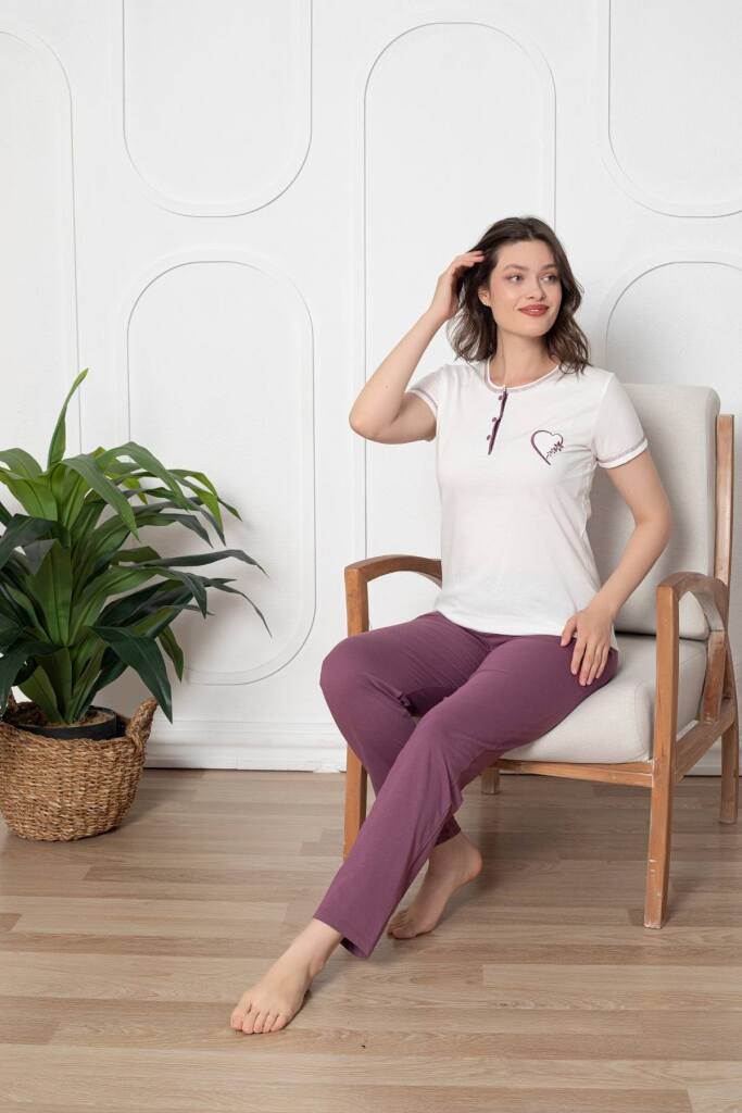 Ekru Üç Düğmeli Nakışlı Bayan Pijama Takımı 2790KY - 1