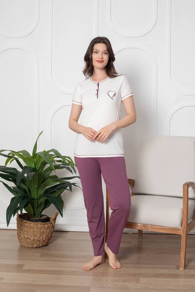 Ekru Üç Düğmeli Nakışlı Bayan Pijama Takımı 2790KY - 2