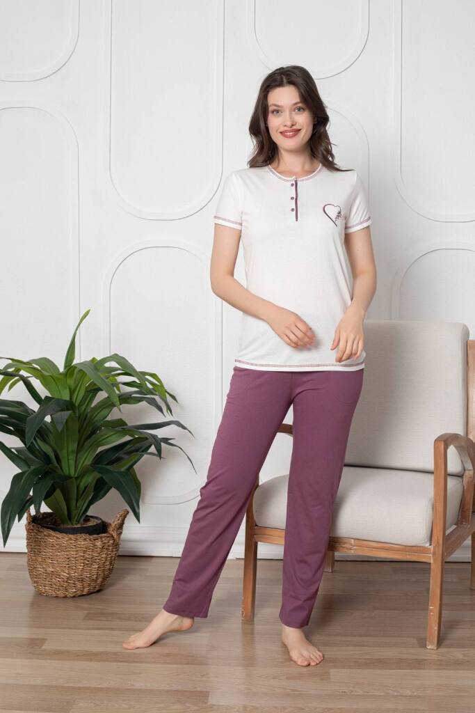 Ekru Üç Düğmeli Nakışlı Bayan Pijama Takımı 2790KY - 3